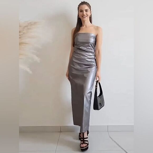 ZARA STRAPLESS METALLIC DRESS STEEL - Picture 6 of 11